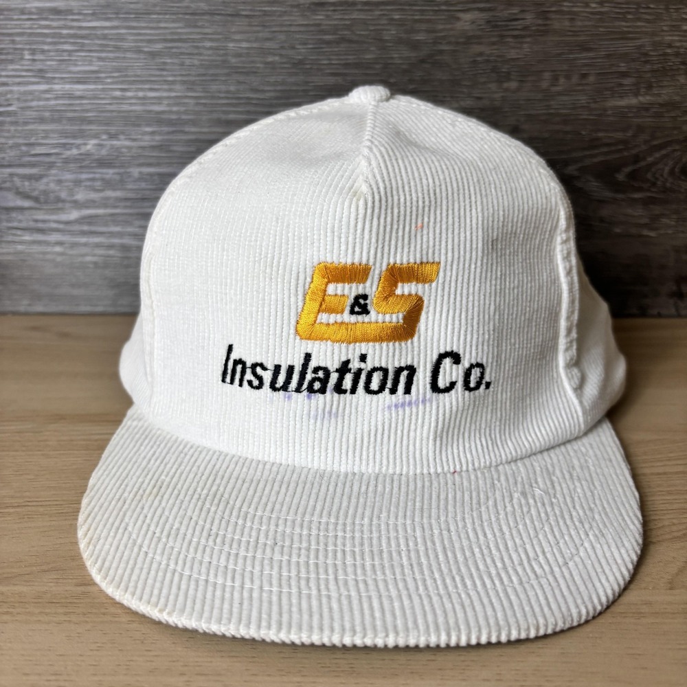 Vintage E&S Insulation Co Hat Cap Snap Back White Corduroy Embroidered Mens 80s